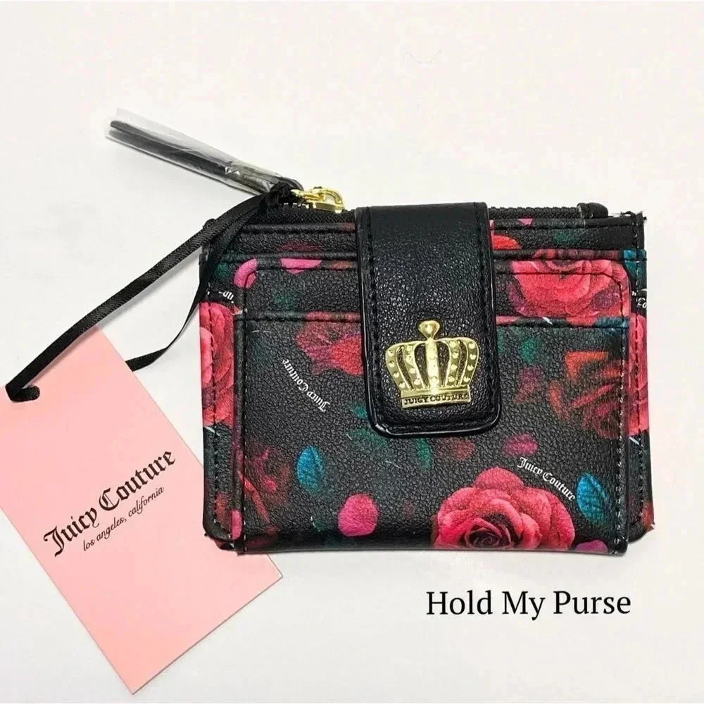 Juicy Couture Black Floral Card Case Tab Wallet